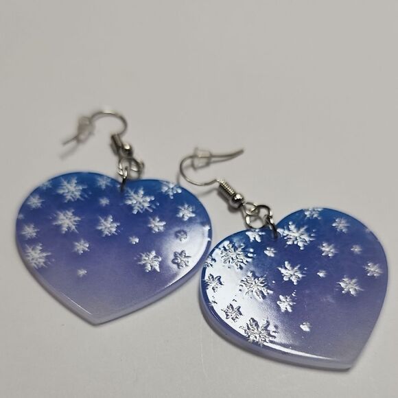 Blue Heart Earrings with Snowflake Design - Picture 2 of 3